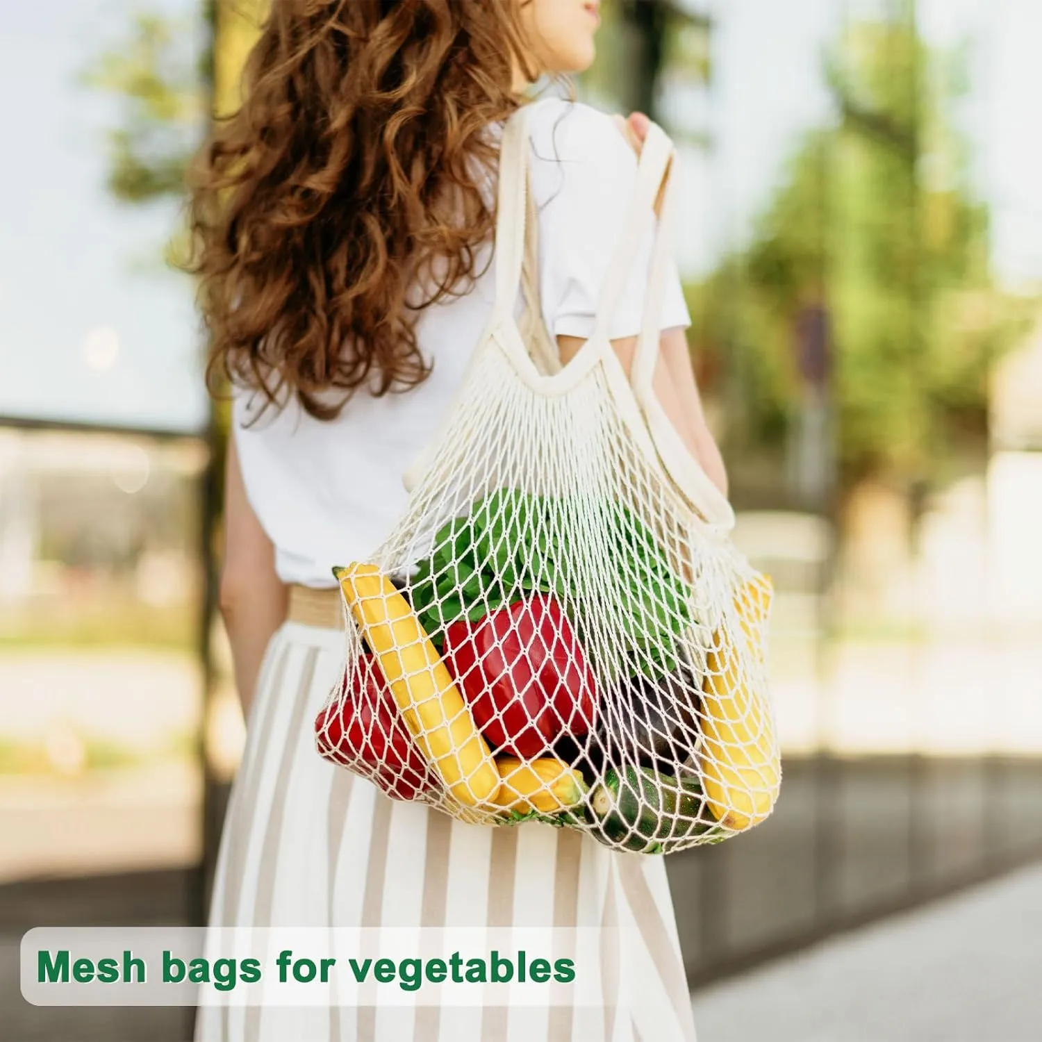 1-Pack Cotton Mesh Bag, Reusable Washable Mesh Net String Grocery Bags, Reusable Produce Bags with Handle, Net Tote Bag for Fruits/Vegetables Shopping [Cream, Short Handle]
