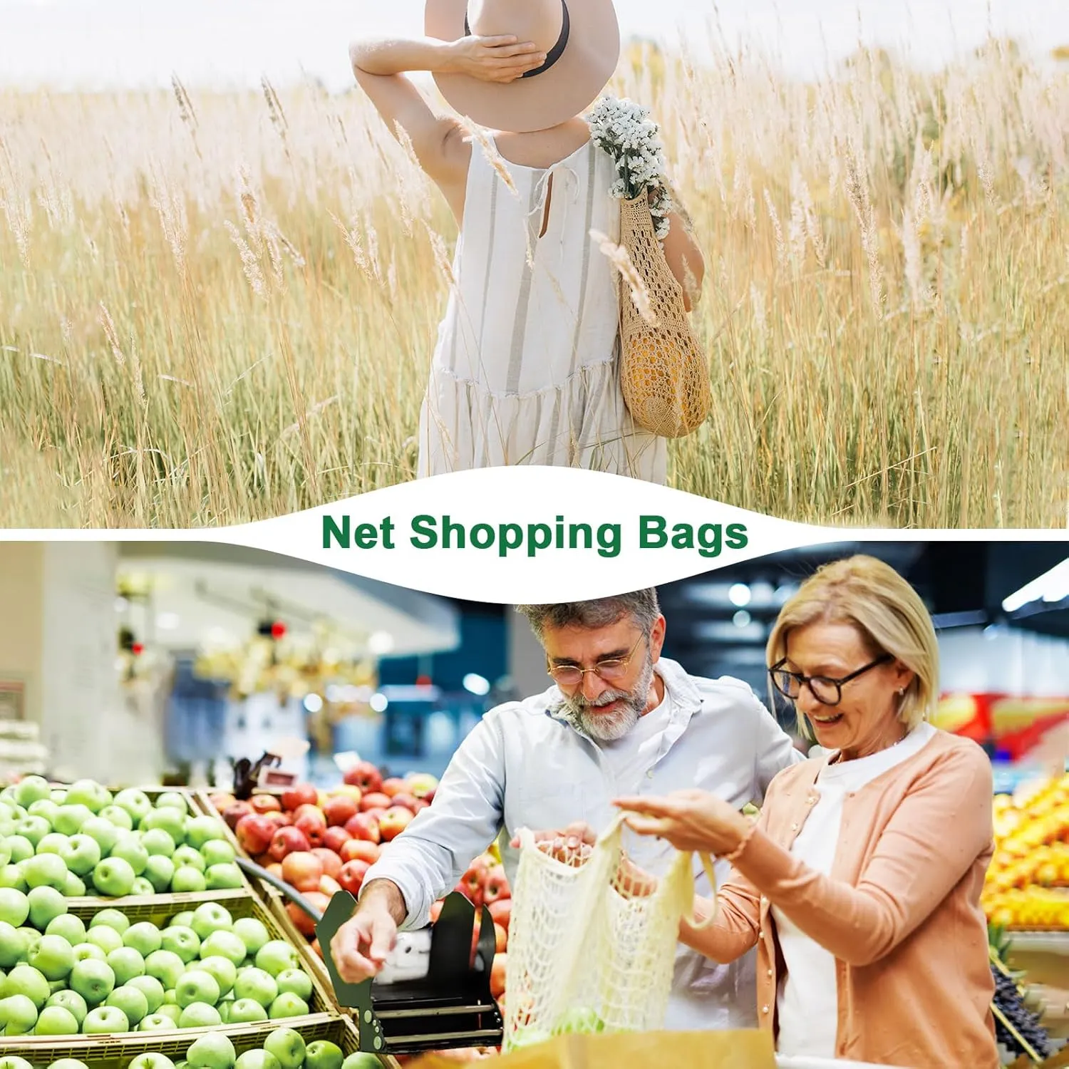 1-Pack Cotton Mesh Bag, Reusable Washable Mesh Net String Grocery Bags, Reusable Produce Bags with Handle, Net Tote Bag for Fruits/Vegetables Shopping [Cream, Short Handle]