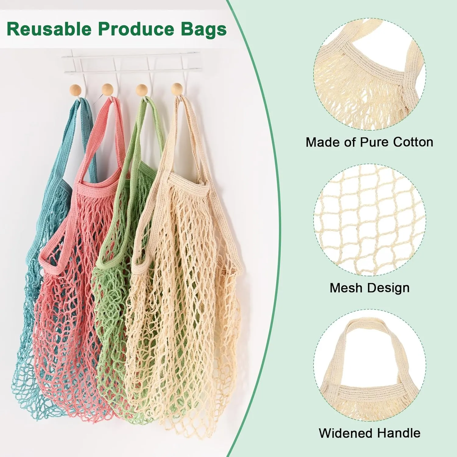 1-Pack Cotton Mesh Bag, Reusable Washable Mesh Net String Grocery Bags, Reusable Produce Bags with Handle, Net Tote Bag for Fruits/Vegetables Shopping [Cream, Short Handle]
