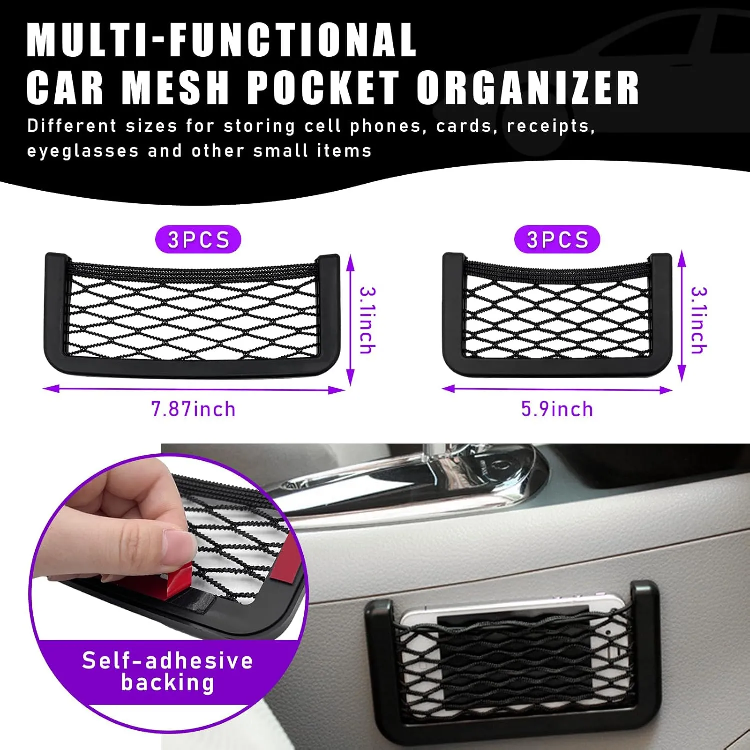 6 PCS Car Pocket Phone Net, Universal Seat Side Storage Net Bag with Double Sided Tape, Automotive Frame Storage Net Pocket, Vehicle Interior Organizer for Phone Purse Bag