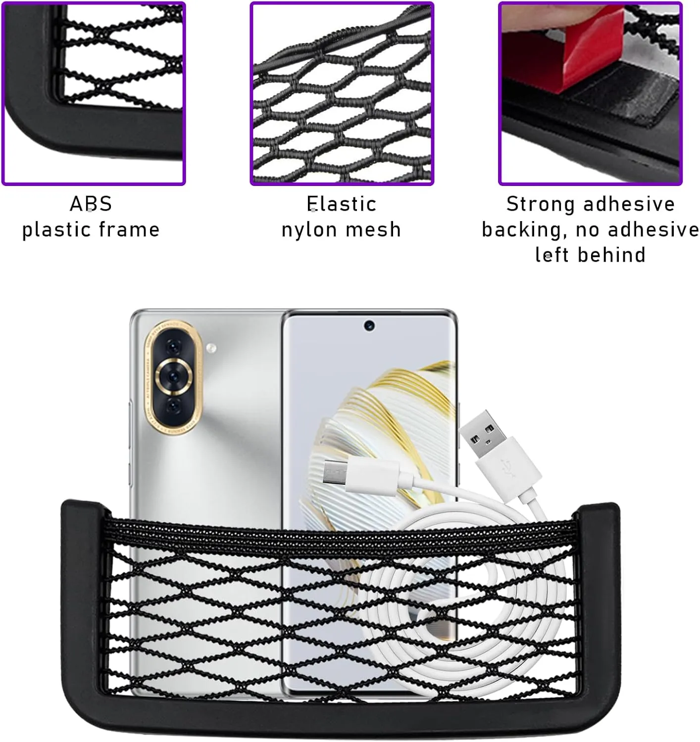 6 PCS Car Pocket Phone Net, Universal Seat Side Storage Net Bag with Double Sided Tape, Automotive Frame Storage Net Pocket, Vehicle Interior Organizer for Phone Purse Bag