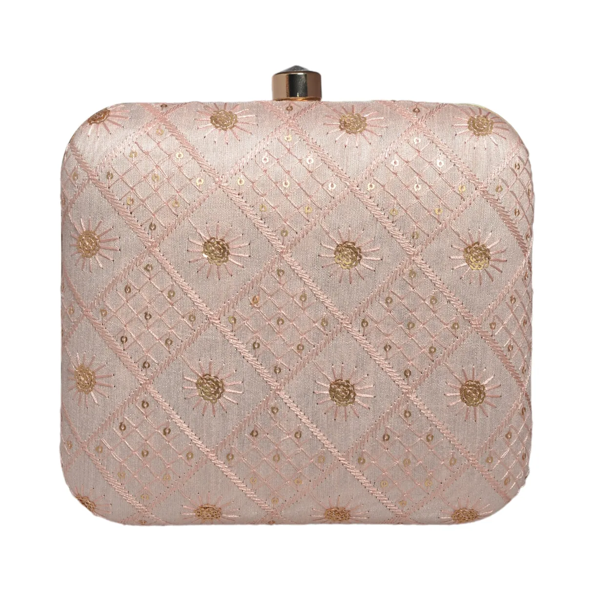 Baby Pink Box Pattern Sequins Embroidery Clutch