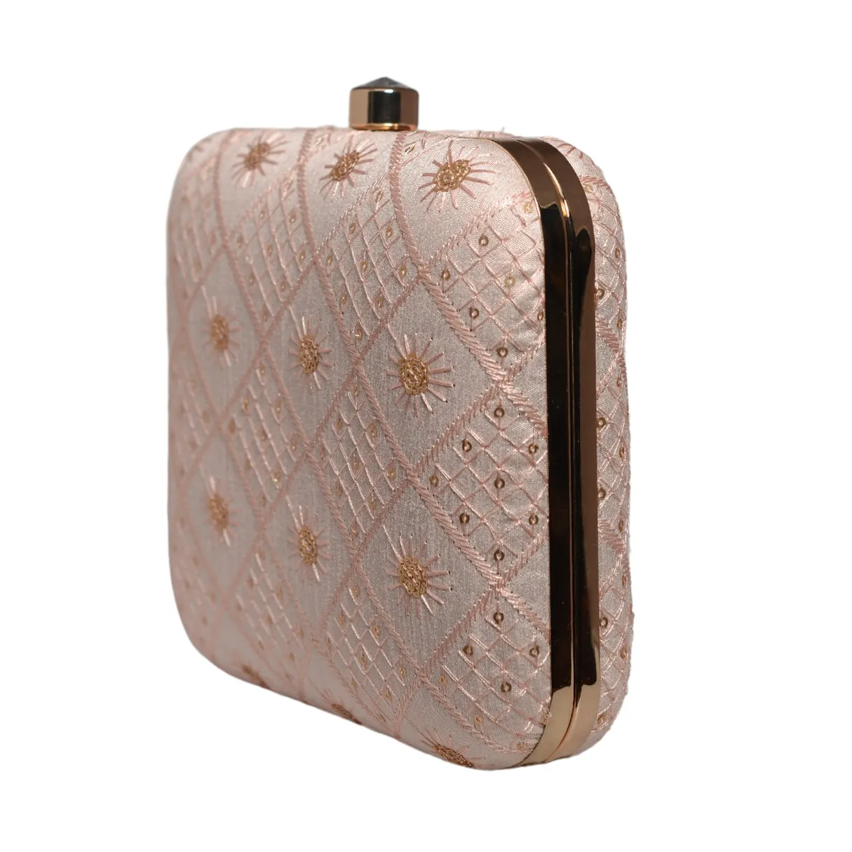 Baby Pink Box Pattern Sequins Embroidery Clutch