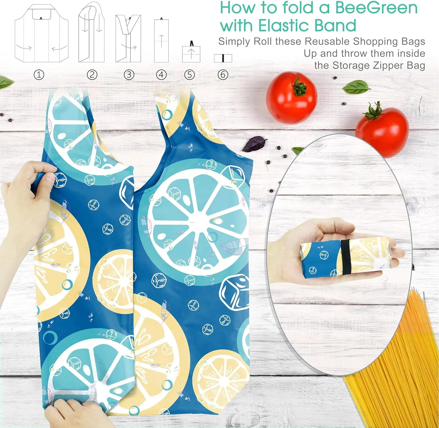 BeeGreen Fruit Strawberry Reusable-Grocery-Bags-Foldable-Machine-Washable-Reusable-Shopping-Bags-Bulk 6 Pack 50LBS Extra Large Reusable Bags w Zipper Storage Pouch Lemon Coconut Tomato Avocado