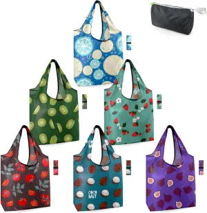 BeeGreen Fruit Strawberry Reusable-Grocery-Bags-Foldable-Machine-Washable-Reusable-Shopping-Bags-Bulk 6 Pack 50LBS Extra Large Reusable Bags w Zipper Storage Pouch Lemon Coconut Tomato Avocado