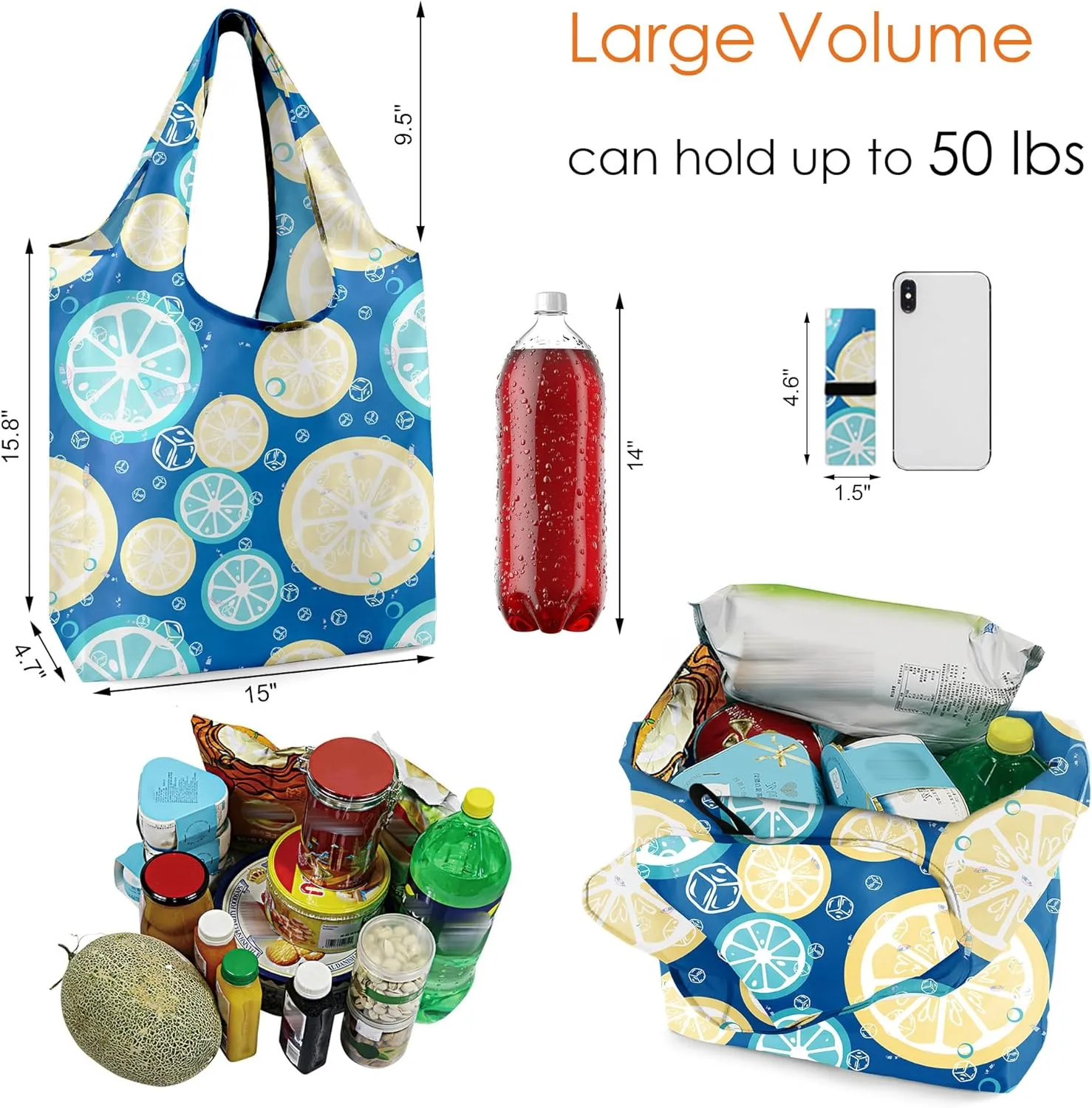BeeGreen Fruit Strawberry Reusable-Grocery-Bags-Foldable-Machine-Washable-Reusable-Shopping-Bags-Bulk 6 Pack 50LBS Extra Large Reusable Bags w Zipper Storage Pouch Lemon Coconut Tomato Avocado