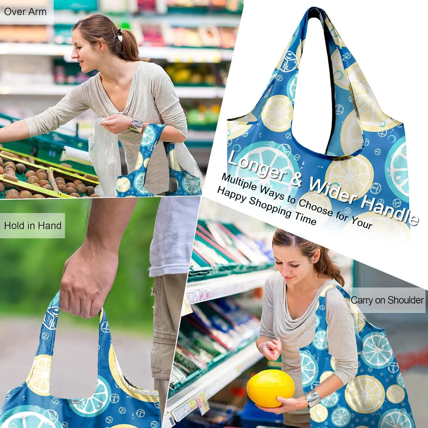 BeeGreen Fruit Strawberry Reusable-Grocery-Bags-Foldable-Machine-Washable-Reusable-Shopping-Bags-Bulk 6 Pack 50LBS Extra Large Reusable Bags w Zipper Storage Pouch Lemon Coconut Tomato Avocado