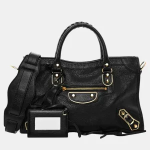 Black Leather Metallic Edge City Tote Bag