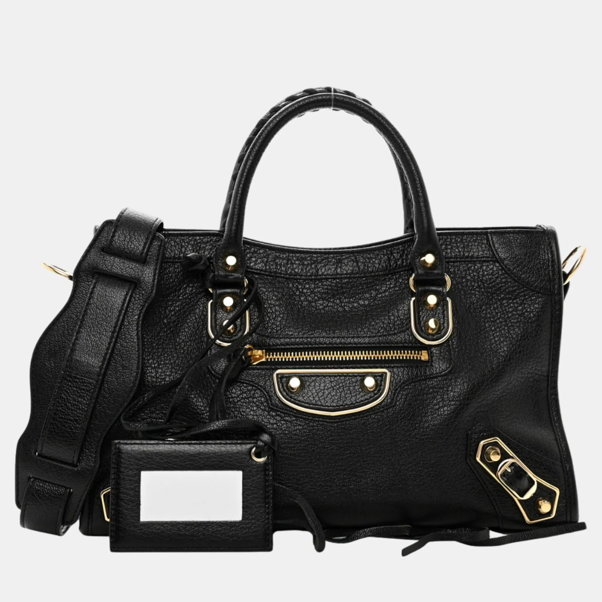 Black Leather Metallic Edge City Tote Bag