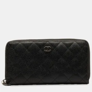 Black Leather Quilted Caviar Zip Around Wallet