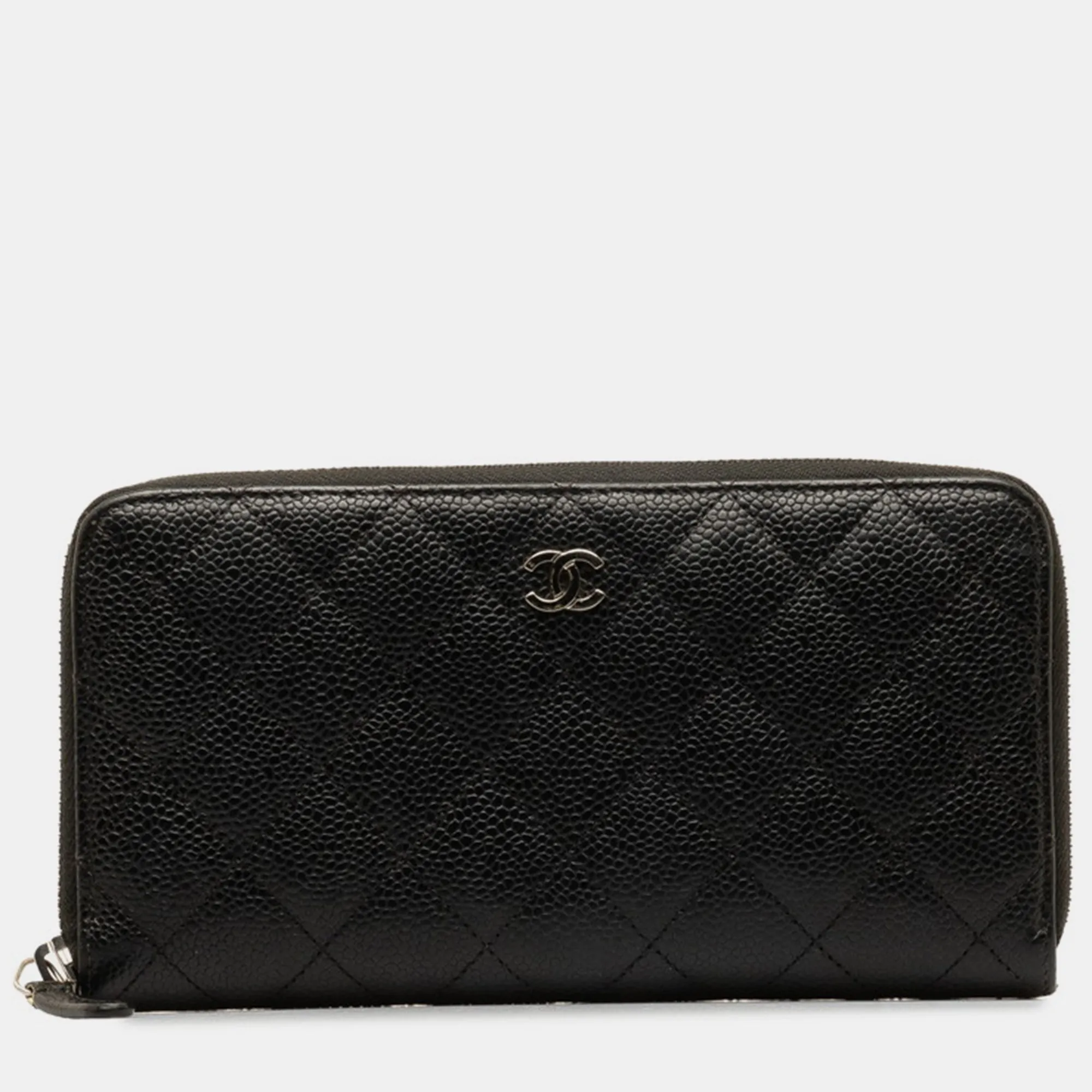 Black Leather Quilted Caviar Zip Around Wallet