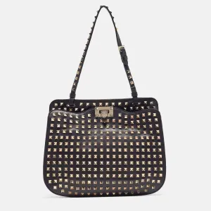 Black Leather Rockstud Shoulder Bag