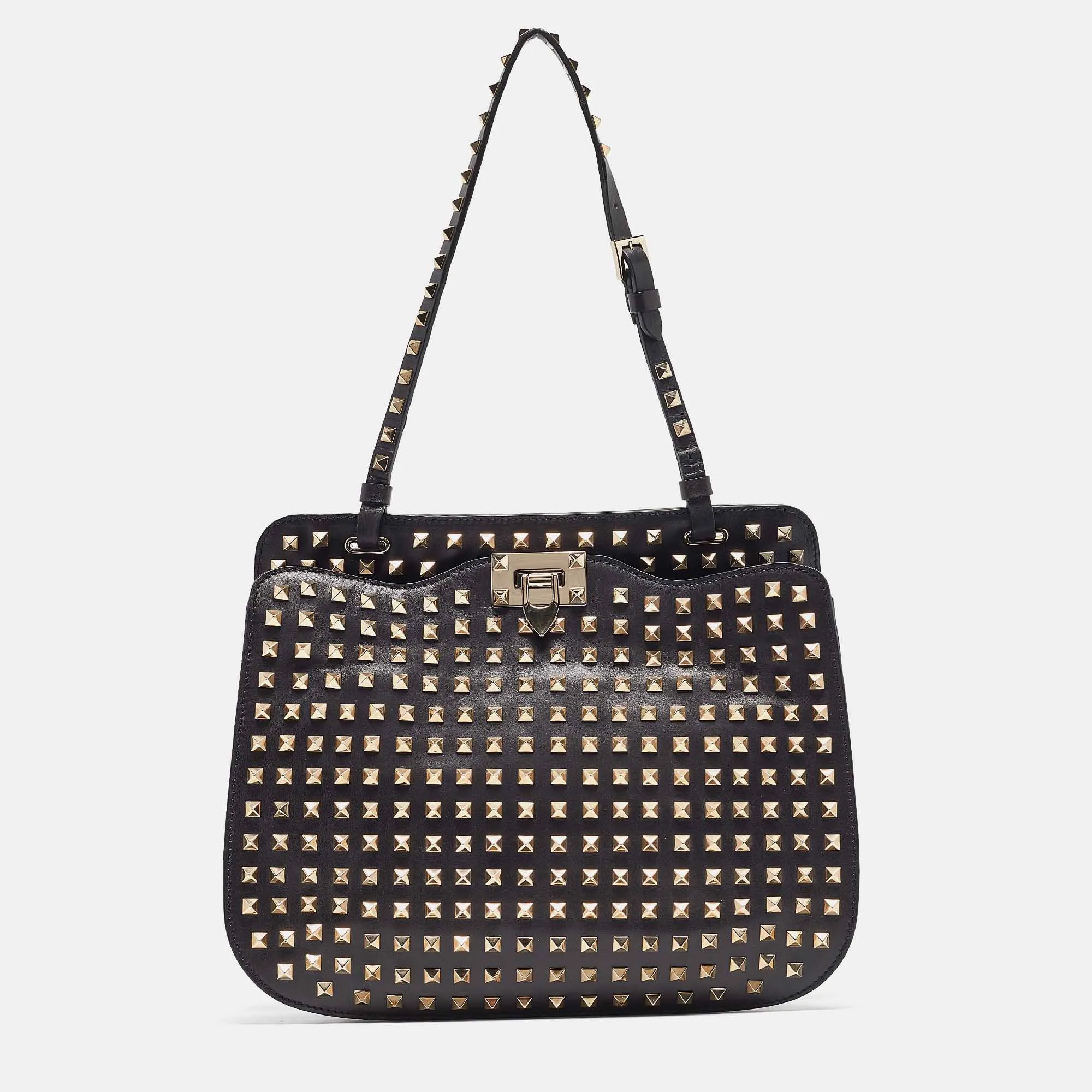 Black Leather Rockstud Shoulder Bag
