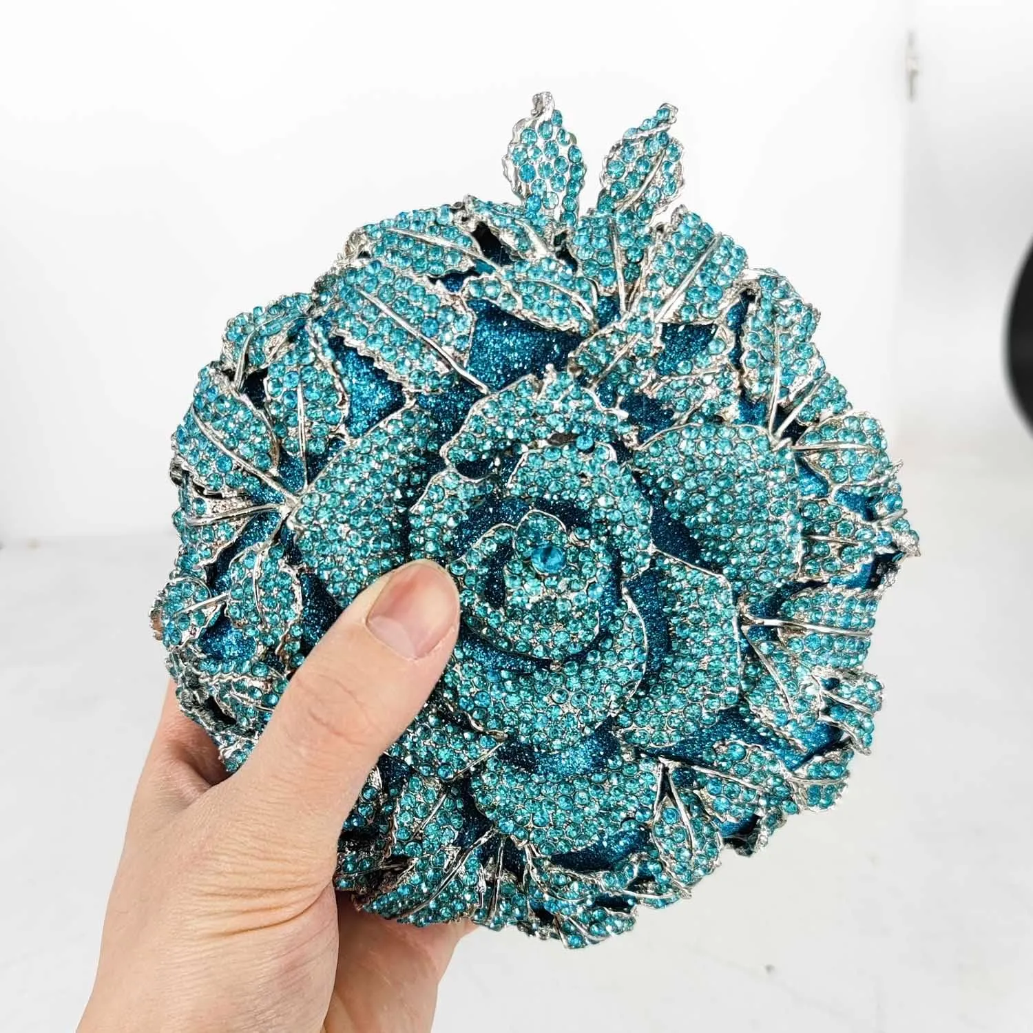 Boutique De FGG Round Rose Flower Crystal Clutch Purses for Women Formal Evening Bags Wedding Clutch Bag Party Handbags,Mini