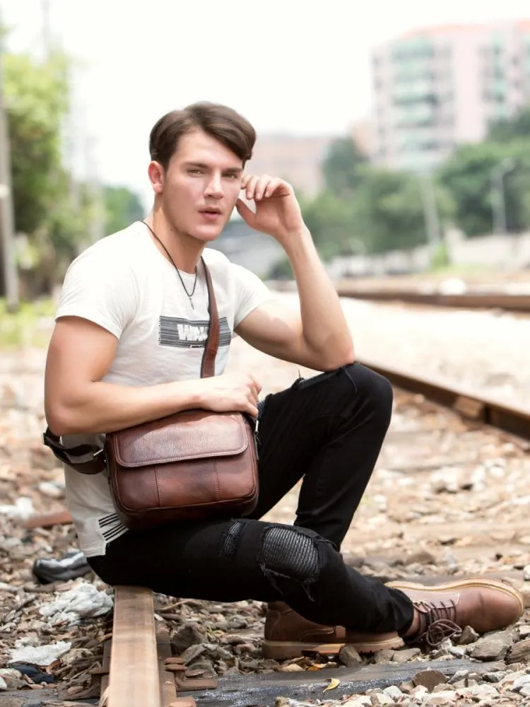 Casual Dark Brown Leather 8 inches Small Messenger Bag Side Bag Postman Bag for Men