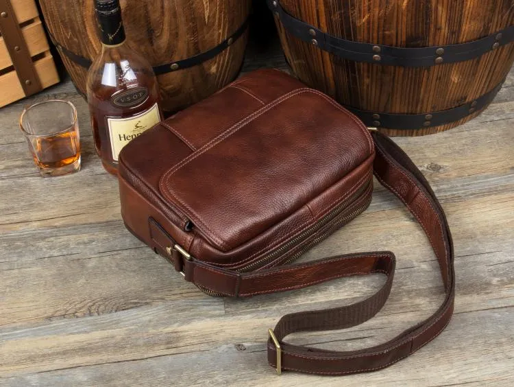 Casual Dark Brown Leather 8 inches Small Messenger Bag Side Bag Postman Bag for Men