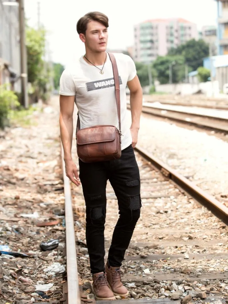 Casual Dark Brown Leather 8 inches Small Messenger Bag Side Bag Postman Bag for Men
