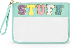 Chenille Letter Clear Bag - Stuff Pouch Cosmetic Bag for Women Girls, Varsity Stadium Travel Cute Clear Makeup Letter Bag with Zipper (Green)