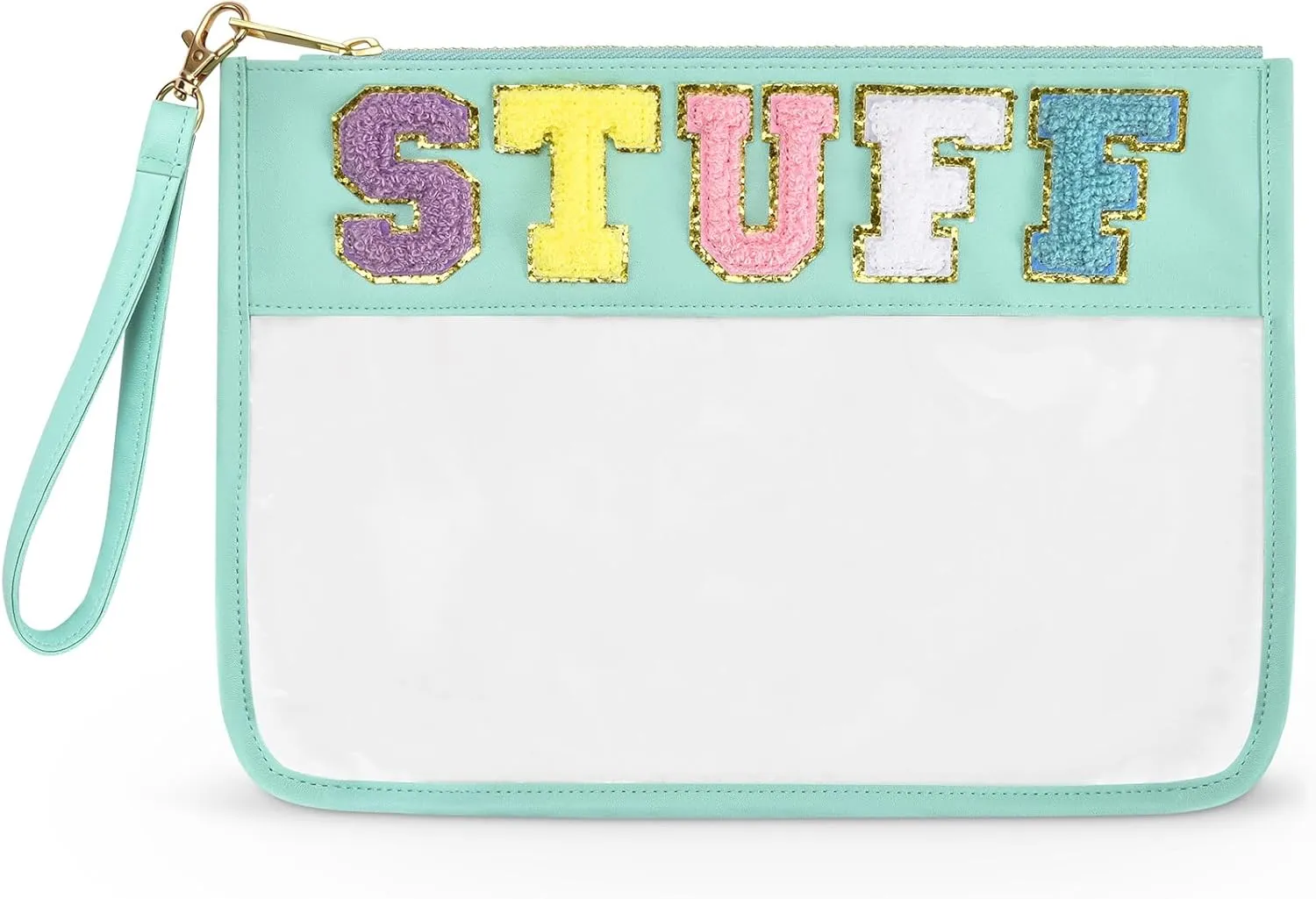 Chenille Letter Clear Bag - Stuff Pouch Cosmetic Bag for Women Girls, Varsity Stadium Travel Cute Clear Makeup Letter Bag with Zipper (Green)