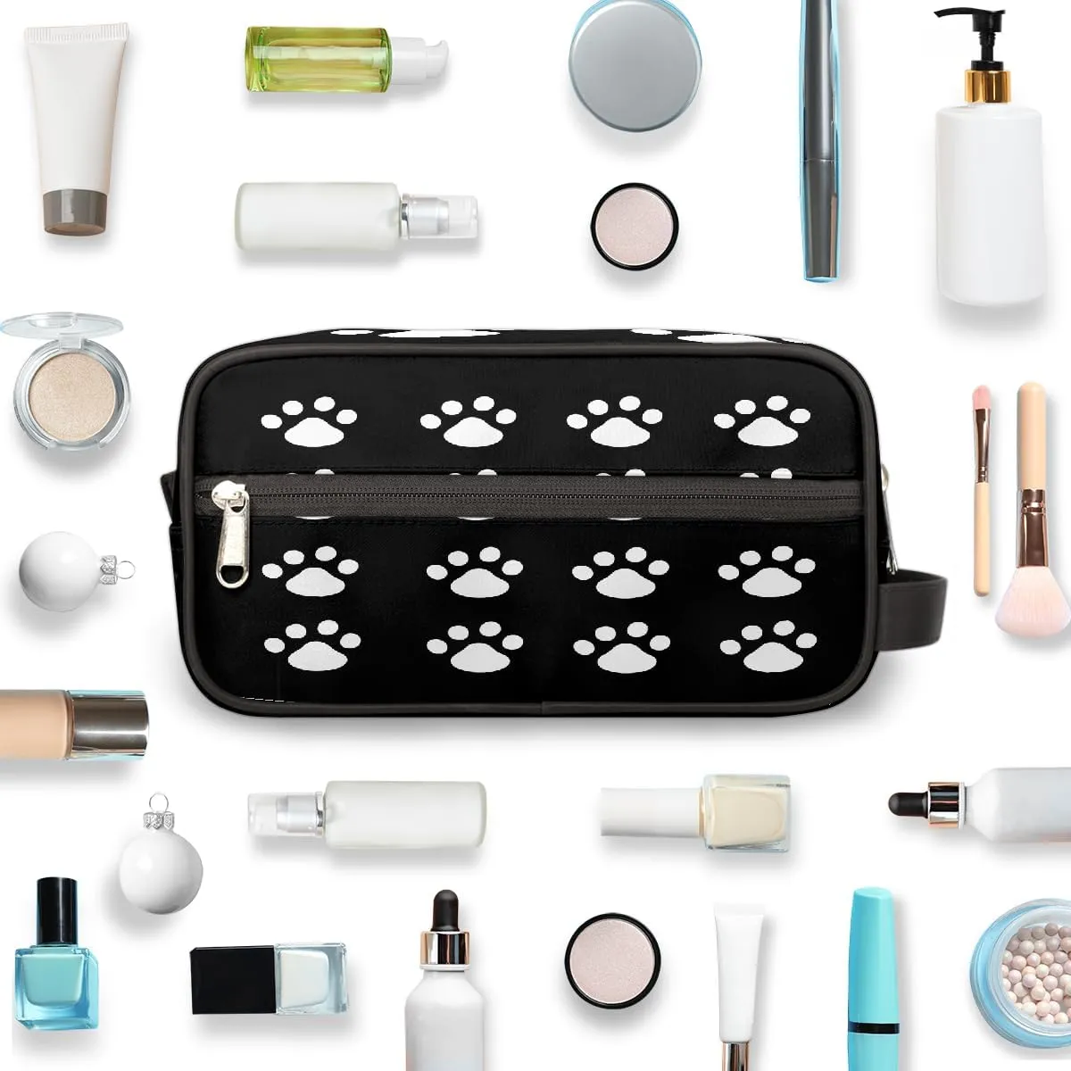 Cosmetic Bag for Women & Men, Portable Travel Makeup Organizer Toiletry Bag, Large Zipper Make Up Case for Travel Accessories, Black Paw Print