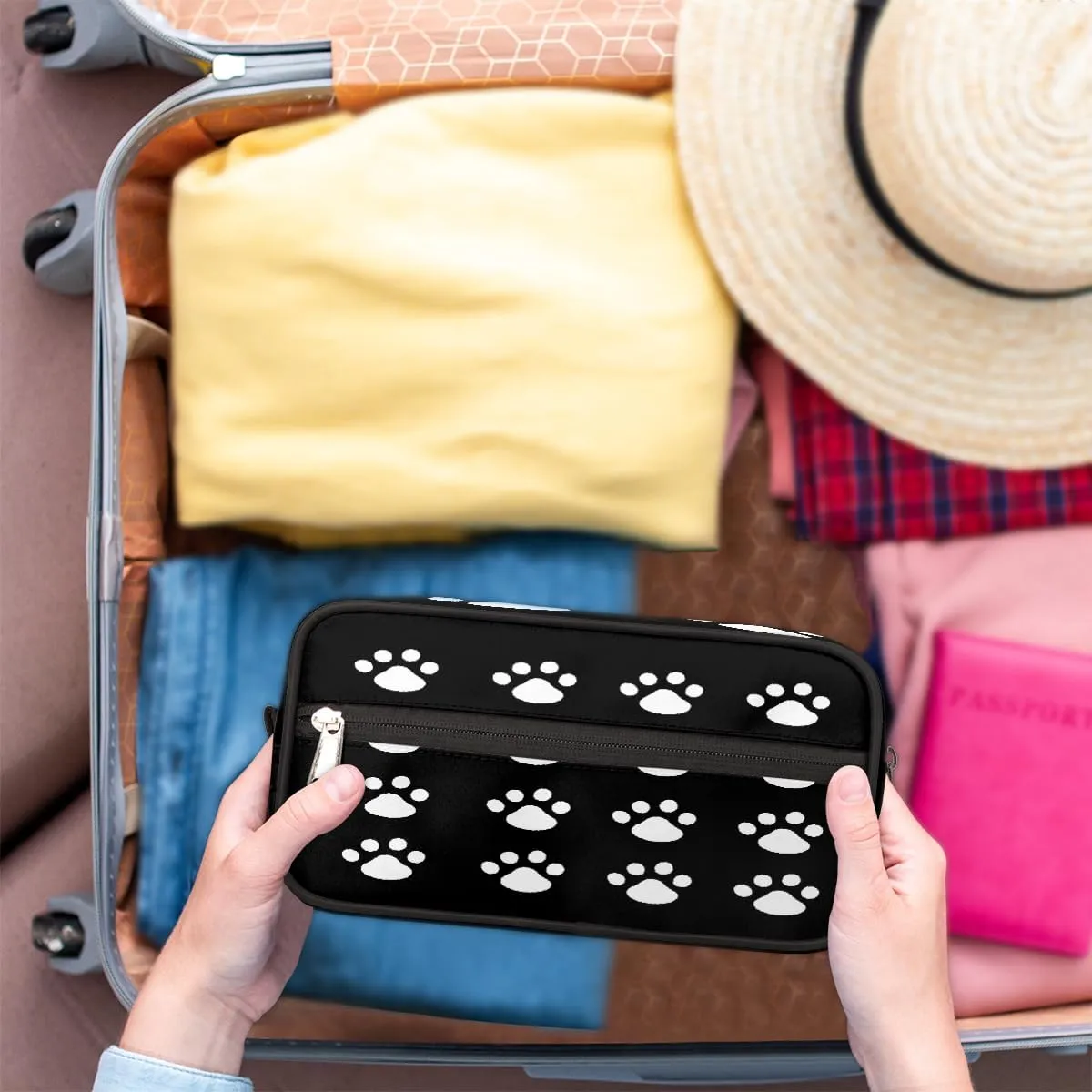 Cosmetic Bag for Women & Men, Portable Travel Makeup Organizer Toiletry Bag, Large Zipper Make Up Case for Travel Accessories, Black Paw Print