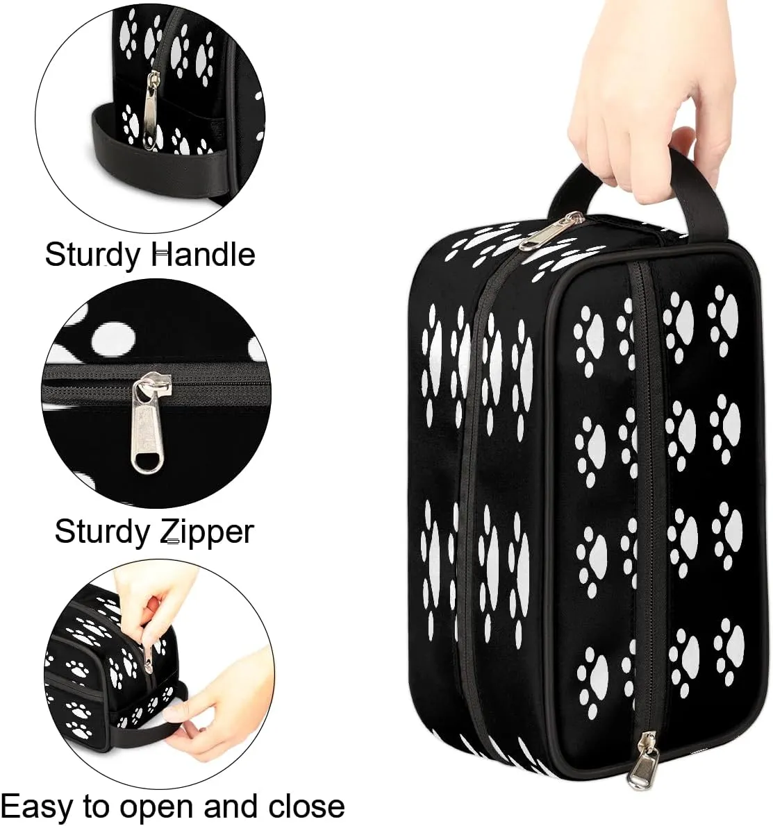 Cosmetic Bag for Women & Men, Portable Travel Makeup Organizer Toiletry Bag, Large Zipper Make Up Case for Travel Accessories, Black Paw Print