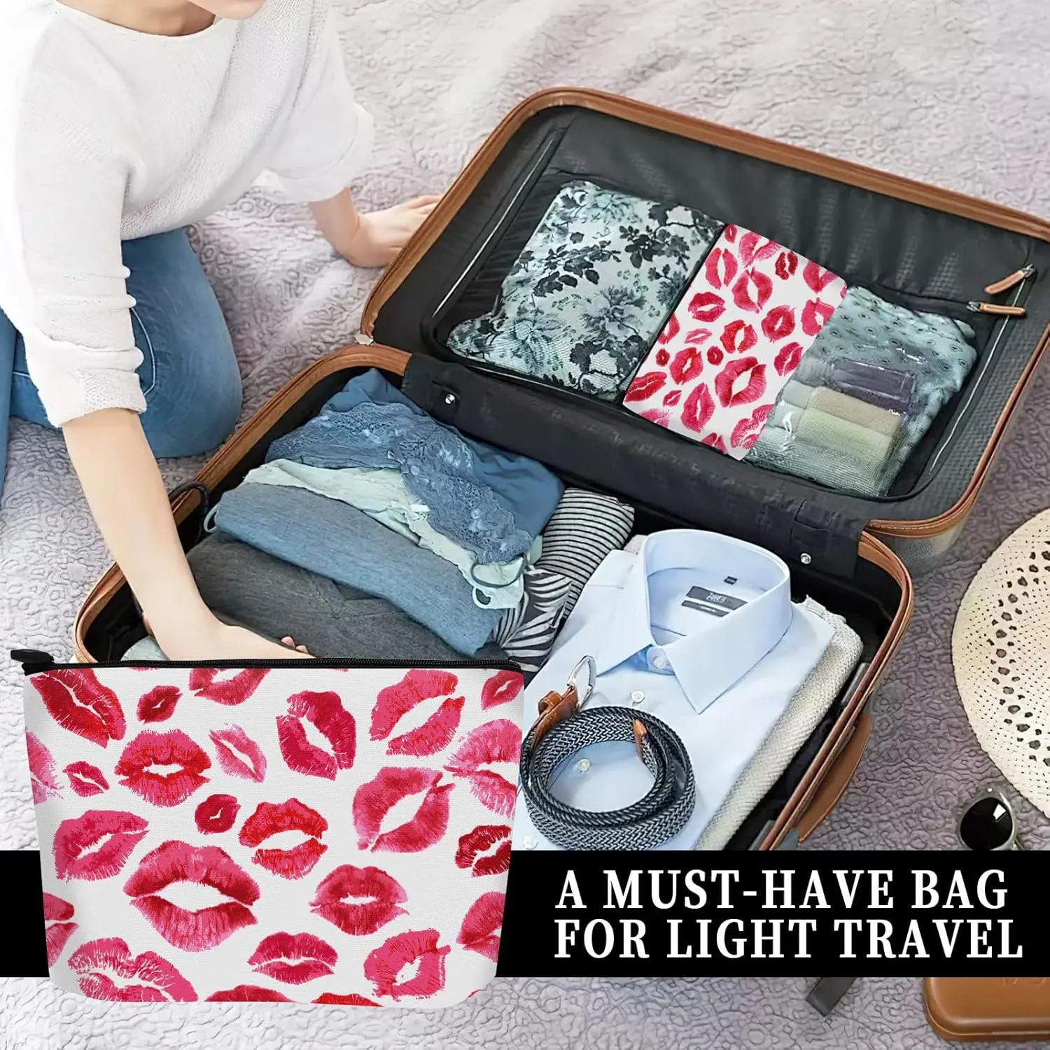 Cosmetic Bag Makeup Bag, Birthday Gifts for Women Mom, Cute Canvas Toiletry Bag, Durable Travel Toiletry Makeup Organizer Zipper Pouch, Lipstick Pouch, Red Romantic Lip