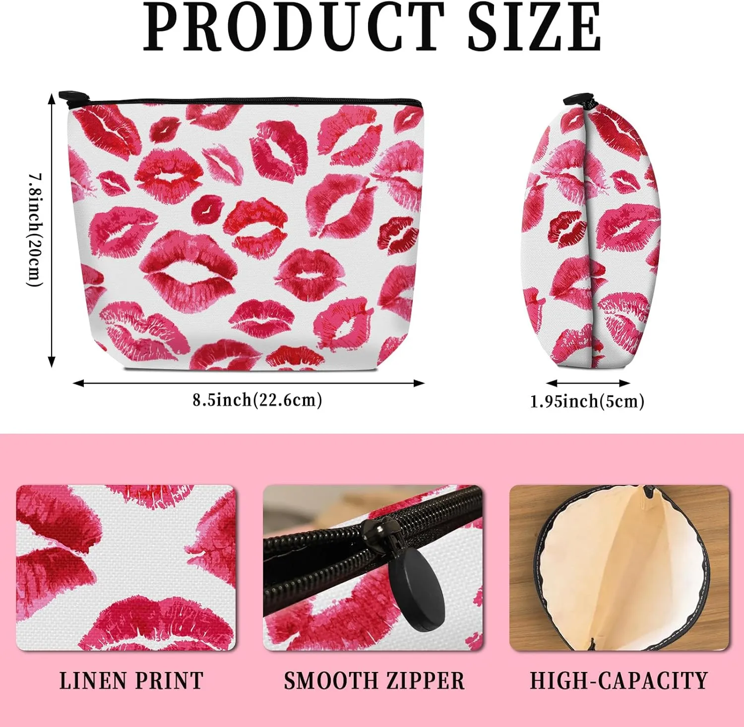 Cosmetic Bag Makeup Bag, Birthday Gifts for Women Mom, Cute Canvas Toiletry Bag, Durable Travel Toiletry Makeup Organizer Zipper Pouch, Lipstick Pouch, Red Romantic Lip