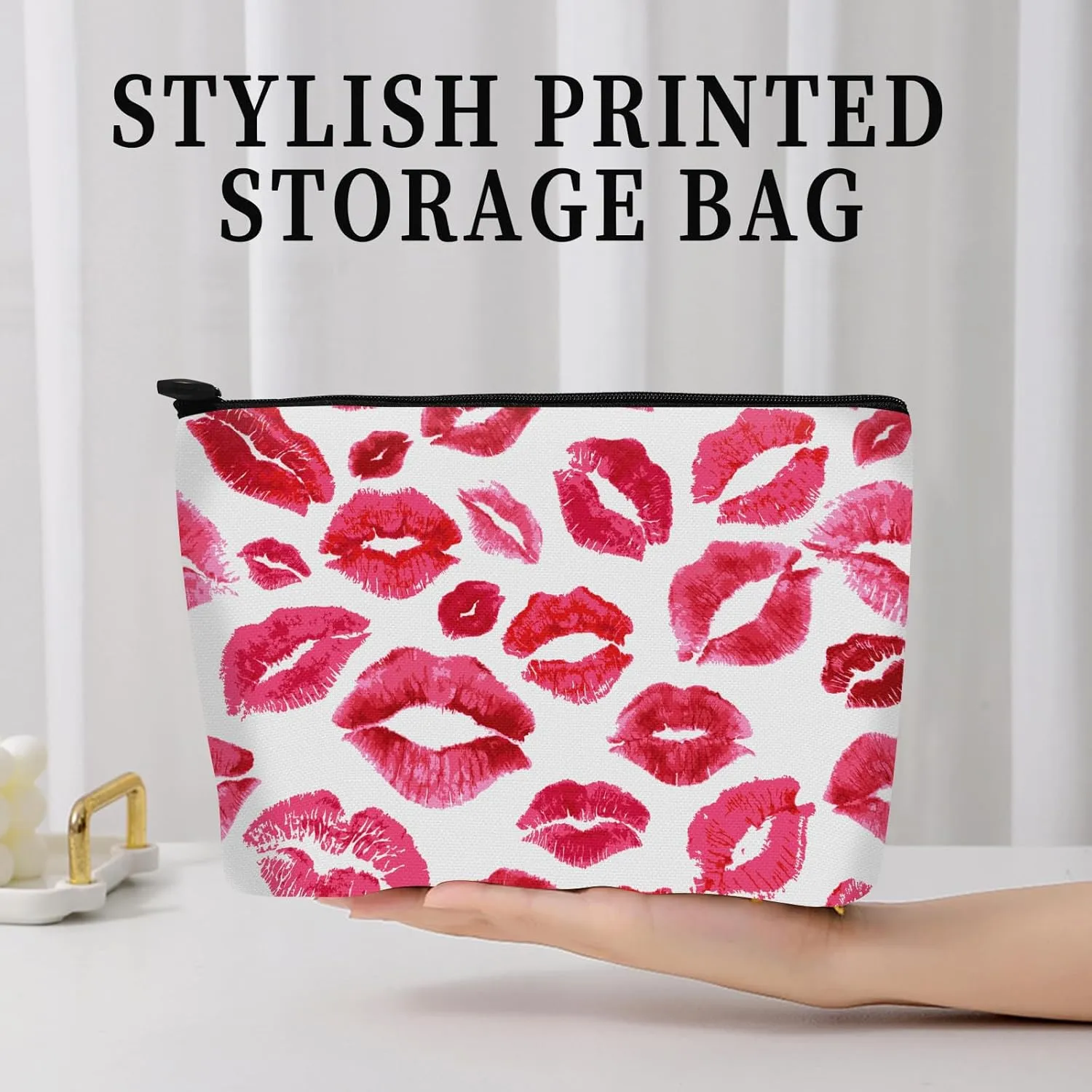 Cosmetic Bag Makeup Bag, Birthday Gifts for Women Mom, Cute Canvas Toiletry Bag, Durable Travel Toiletry Makeup Organizer Zipper Pouch, Lipstick Pouch, Red Romantic Lip