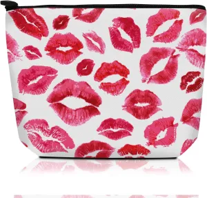 Cosmetic Bag Makeup Bag, Birthday Gifts for Women Mom, Cute Canvas Toiletry Bag, Durable Travel Toiletry Makeup Organizer Zipper Pouch, Lipstick Pouch, Red Romantic Lip
