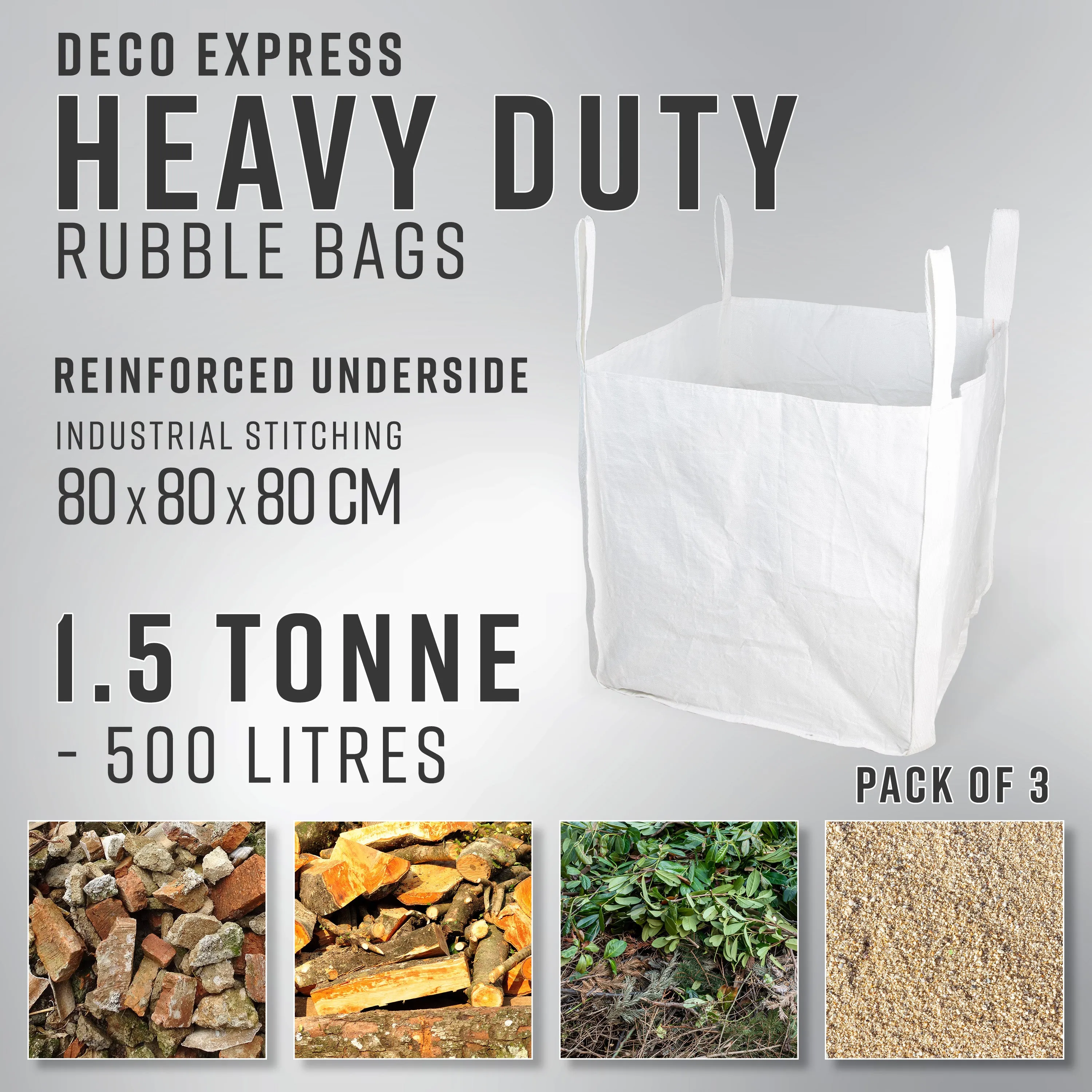 Deco Express Garden Waste Bags - Heavy Duty Bags - White 1.5T - 3 Pack