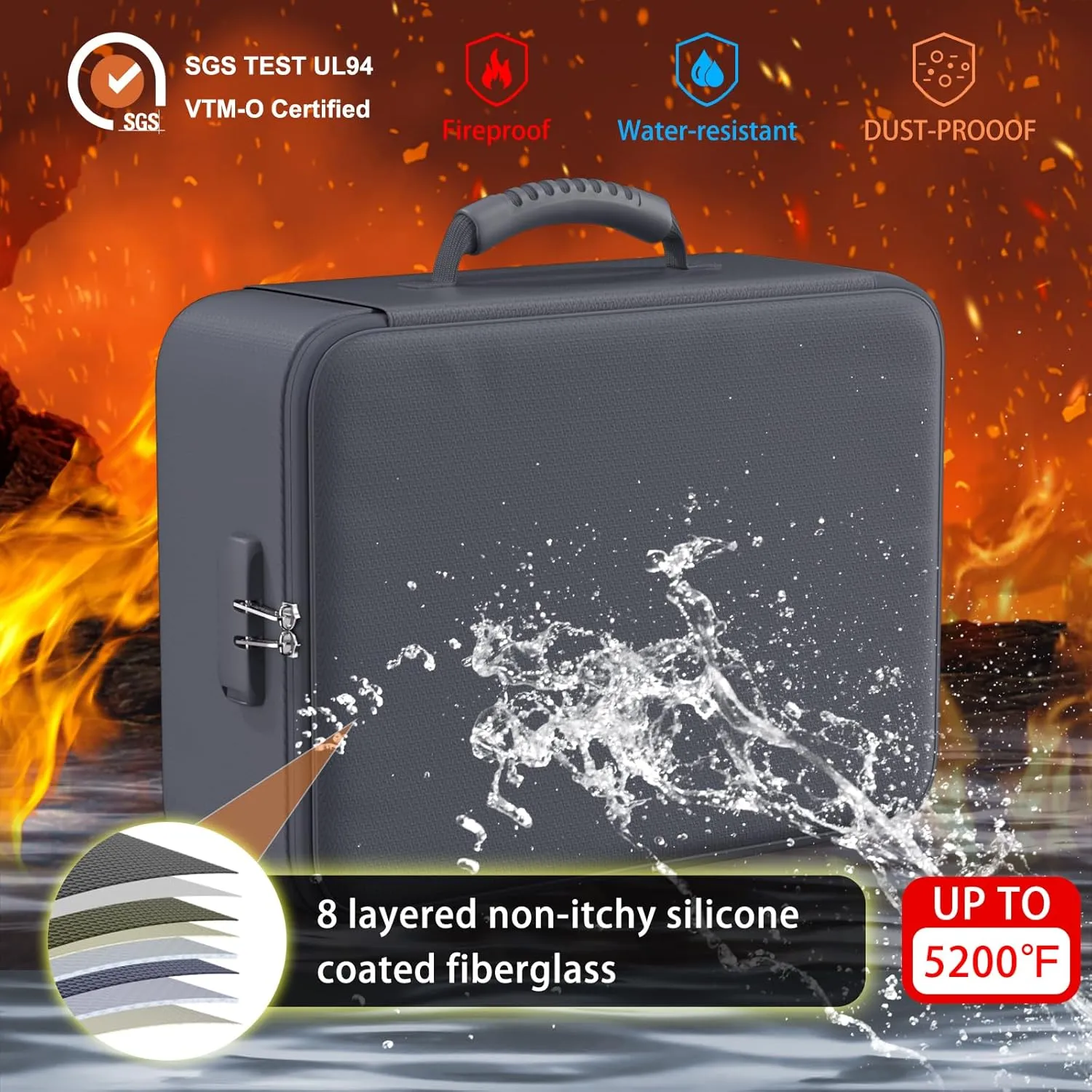 ENGPOW 5200F Fireproof Document Bag with Lock, Upgraded Heat Insulated FireproofWaterproof Box 8 Layers Document Organizer, Portable Home Travel Safe Storage Box for Important Files, Laptop, Gray