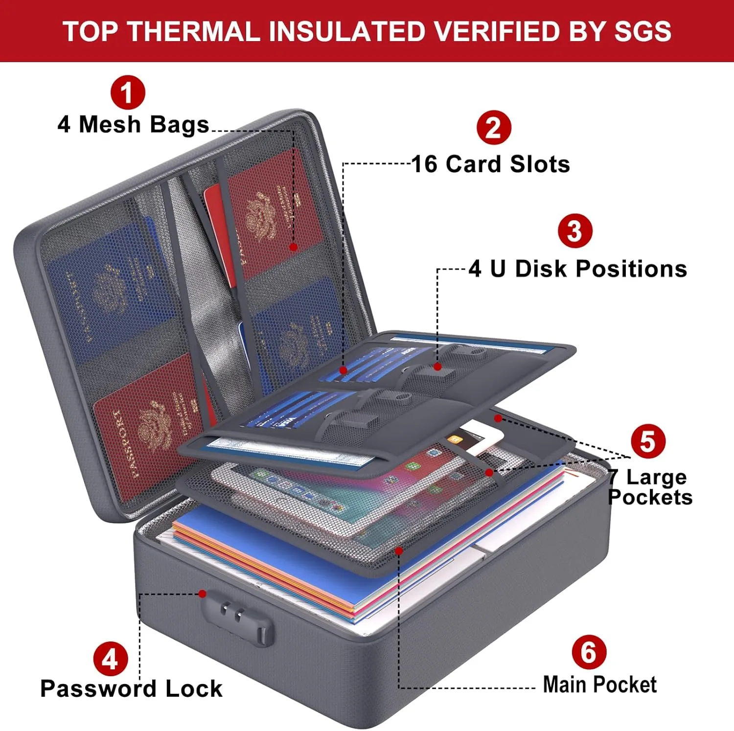 ENGPOW 5200F Fireproof Document Bag with Lock, Upgraded Heat Insulated FireproofWaterproof Box 8 Layers Document Organizer, Portable Home Travel Safe Storage Box for Important Files, Laptop, Gray