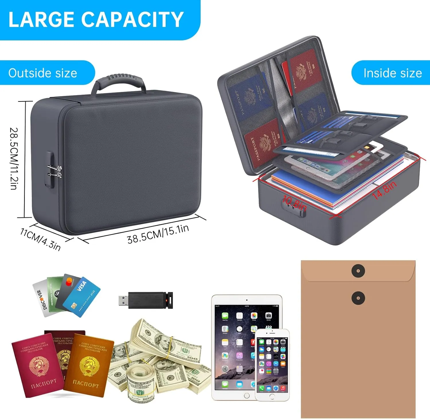ENGPOW 5200F Fireproof Document Bag with Lock, Upgraded Heat Insulated FireproofWaterproof Box 8 Layers Document Organizer, Portable Home Travel Safe Storage Box for Important Files, Laptop, Gray