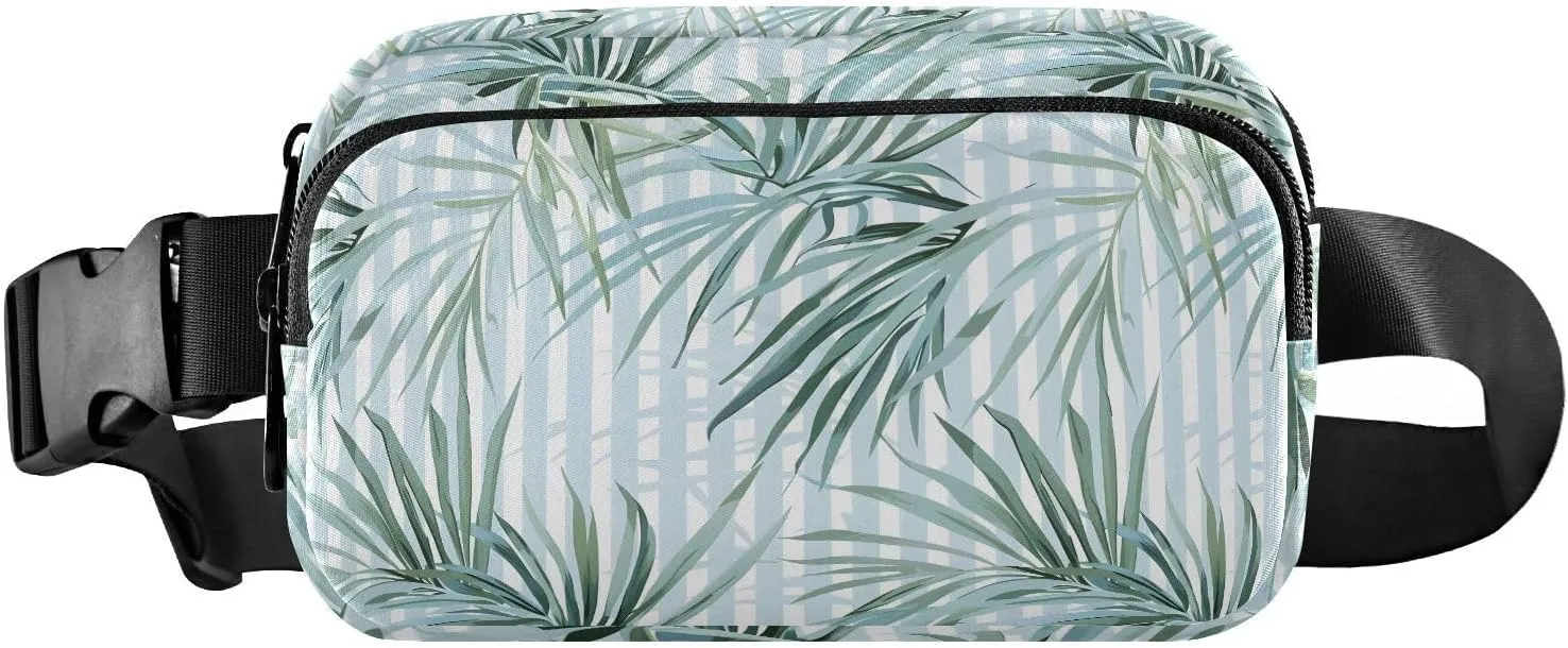 Fanny Pack Belt Bag for Women Palm Leaves Light Blue White Striped Fashion Crossbody Bag Waist Pack Sling Backpack with Adjustable Strap