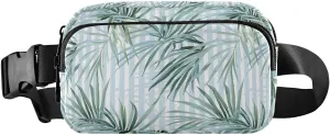 Fanny Pack Belt Bag for Women Palm Leaves Light Blue White Striped Fashion Crossbody Bag Waist Pack Sling Backpack with Adjustable Strap