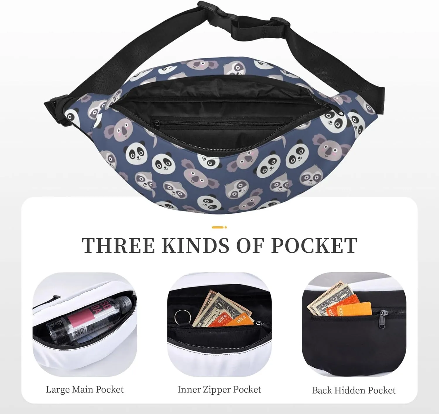 Fanny Pack for Women Men,Cute Panda Koala Pattern Large Crossbody Waist Pack Belt Bag for Workout Hiking Running Travel
