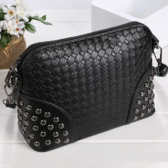 Fashion Women Synthetic Leather Braid Weave Rivets Shoulder Cross Body Bag Messenger