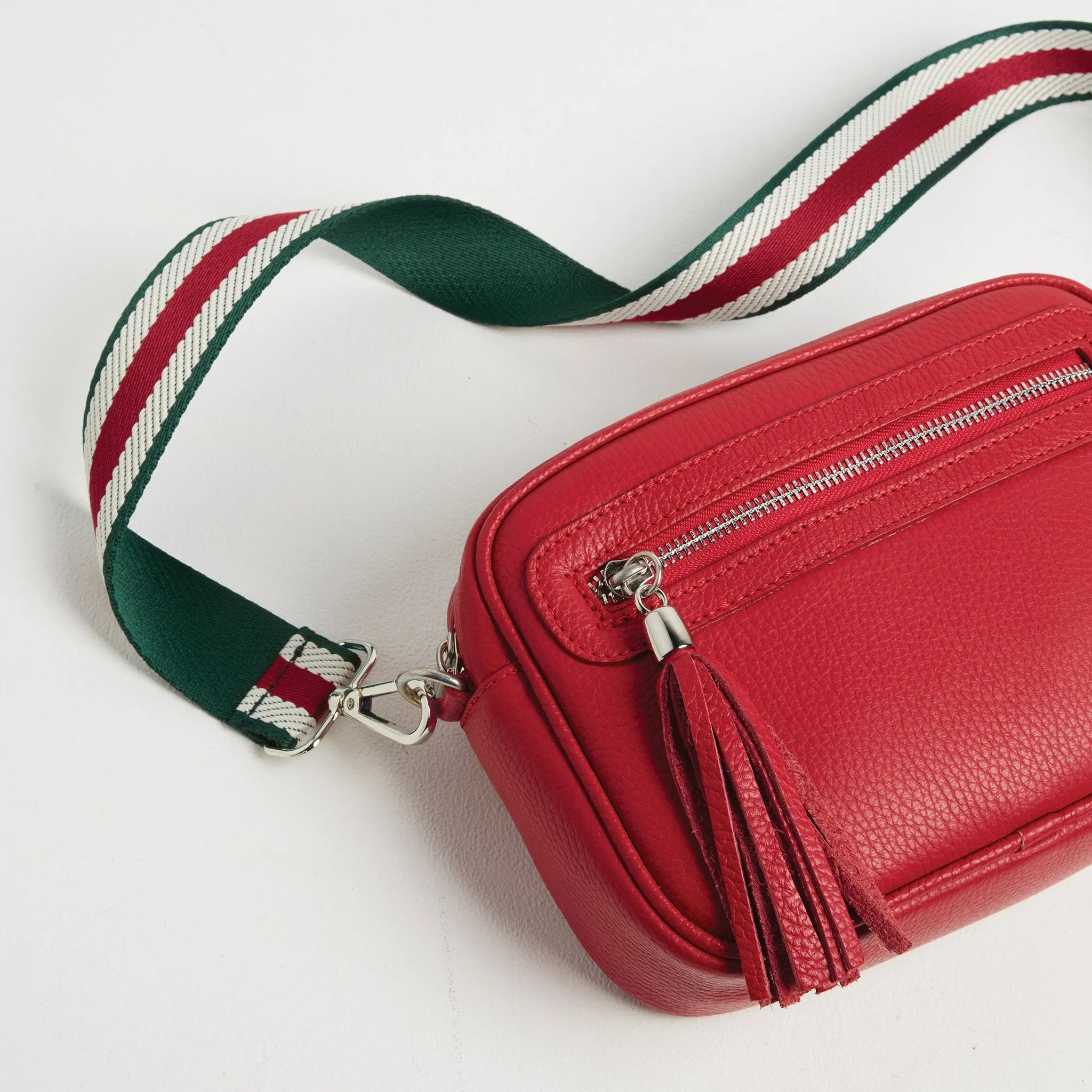 Florence Crossbody Bag in Red with Green Stripe Strap
