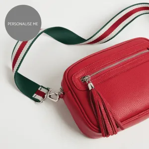 Florence Crossbody Bag in Red with Green Stripe Strap