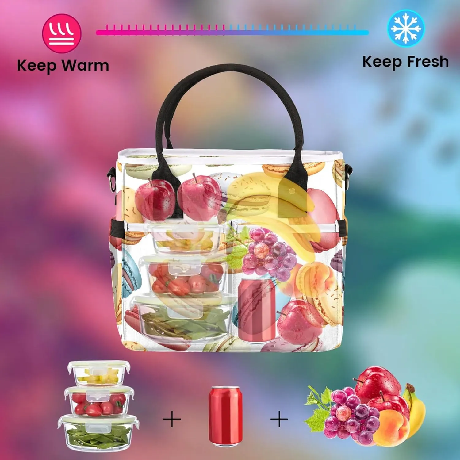French Macarons Large Insulated Lunch Bag for Women Adult Colorful Leakproof Cooler Bag Lunch Box Tote with Shoulder Strap for Work, Picnic