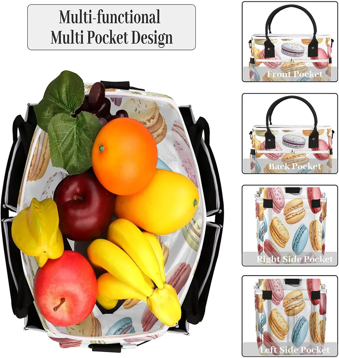 French Macarons Large Insulated Lunch Bag for Women Adult Colorful Leakproof Cooler Bag Lunch Box Tote with Shoulder Strap for Work, Picnic