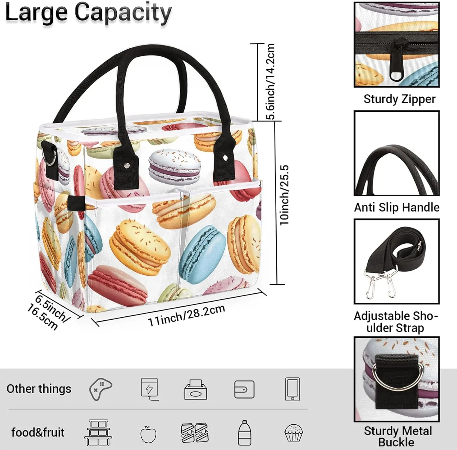 French Macarons Large Insulated Lunch Bag for Women Adult Colorful Leakproof Cooler Bag Lunch Box Tote with Shoulder Strap for Work, Picnic