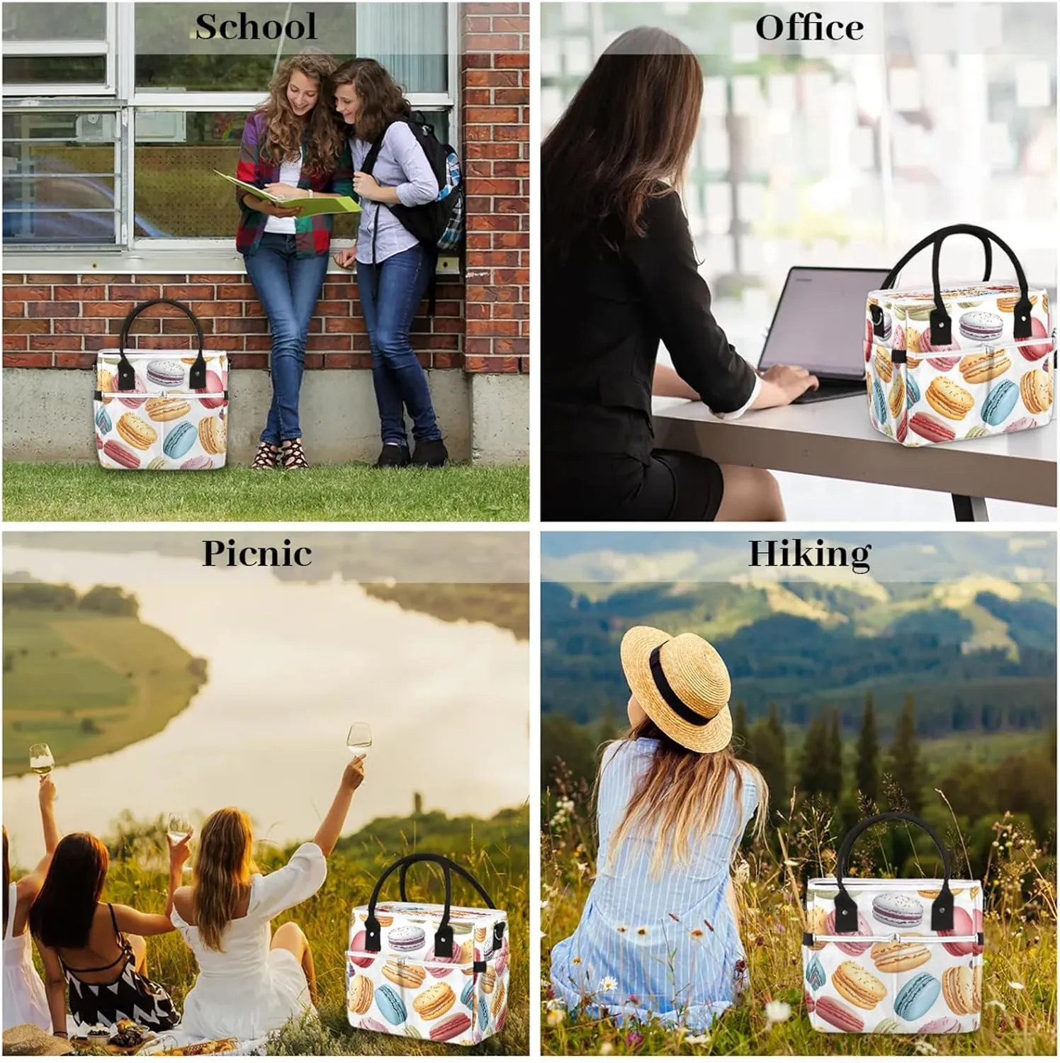 French Macarons Large Insulated Lunch Bag for Women Adult Colorful Leakproof Cooler Bag Lunch Box Tote with Shoulder Strap for Work, Picnic