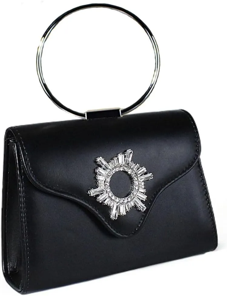 handbag with crystal decoration, evening bag with round metal ring handle, suitable for shopping at banquets and parties