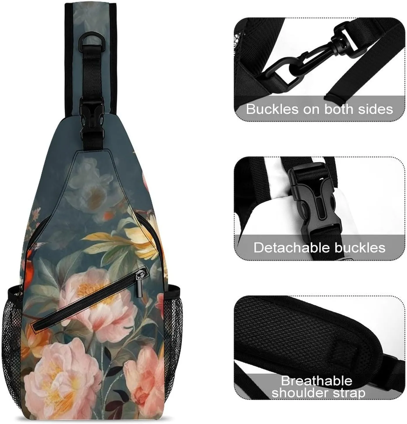 Lightweight Chest Bag Crossbody Bag Flowers Birds Sling Backpack for Women Men Sports Travel