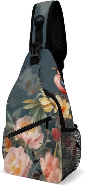 Lightweight Chest Bag Crossbody Bag Flowers Birds Sling Backpack for Women Men Sports Travel