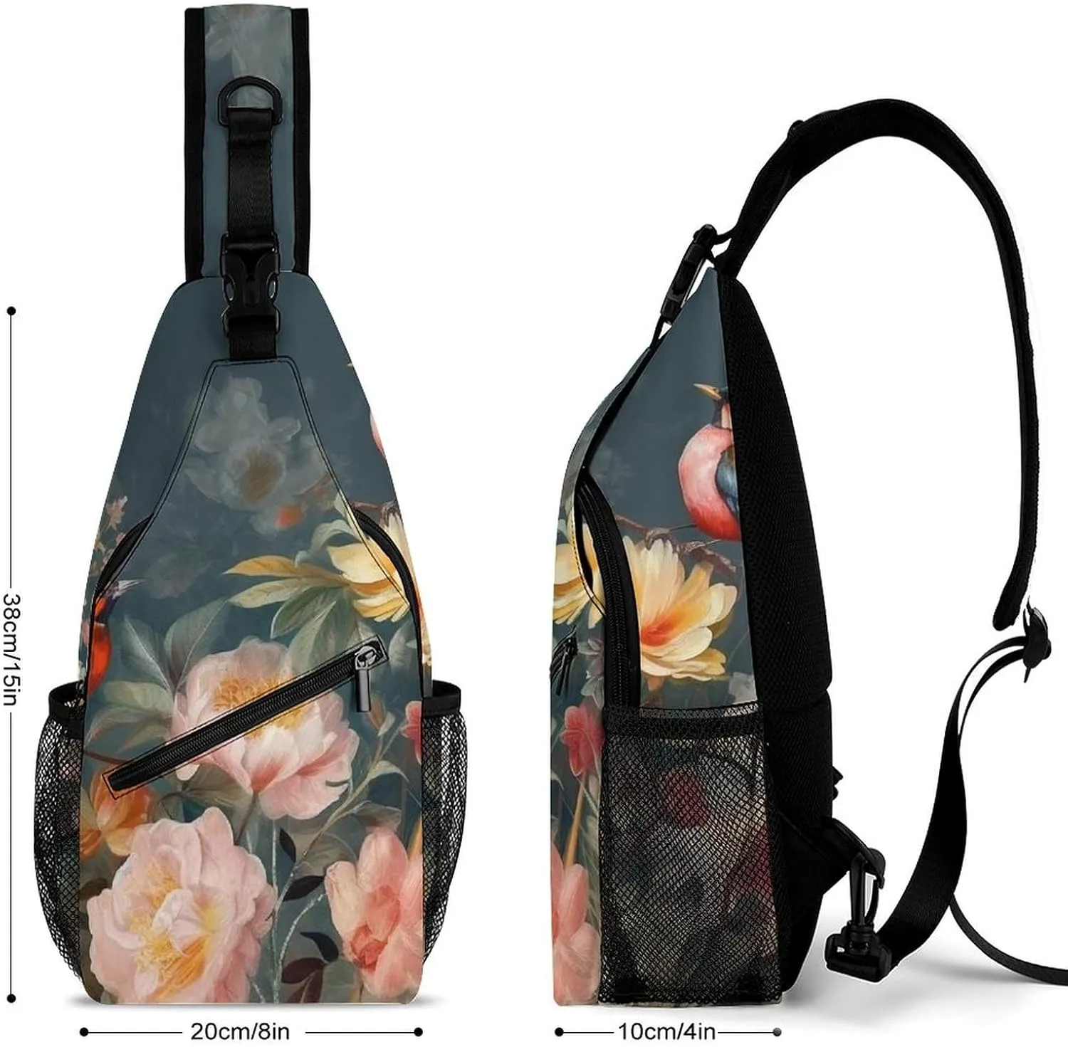 Lightweight Chest Bag Crossbody Bag Flowers Birds Sling Backpack for Women Men Sports Travel