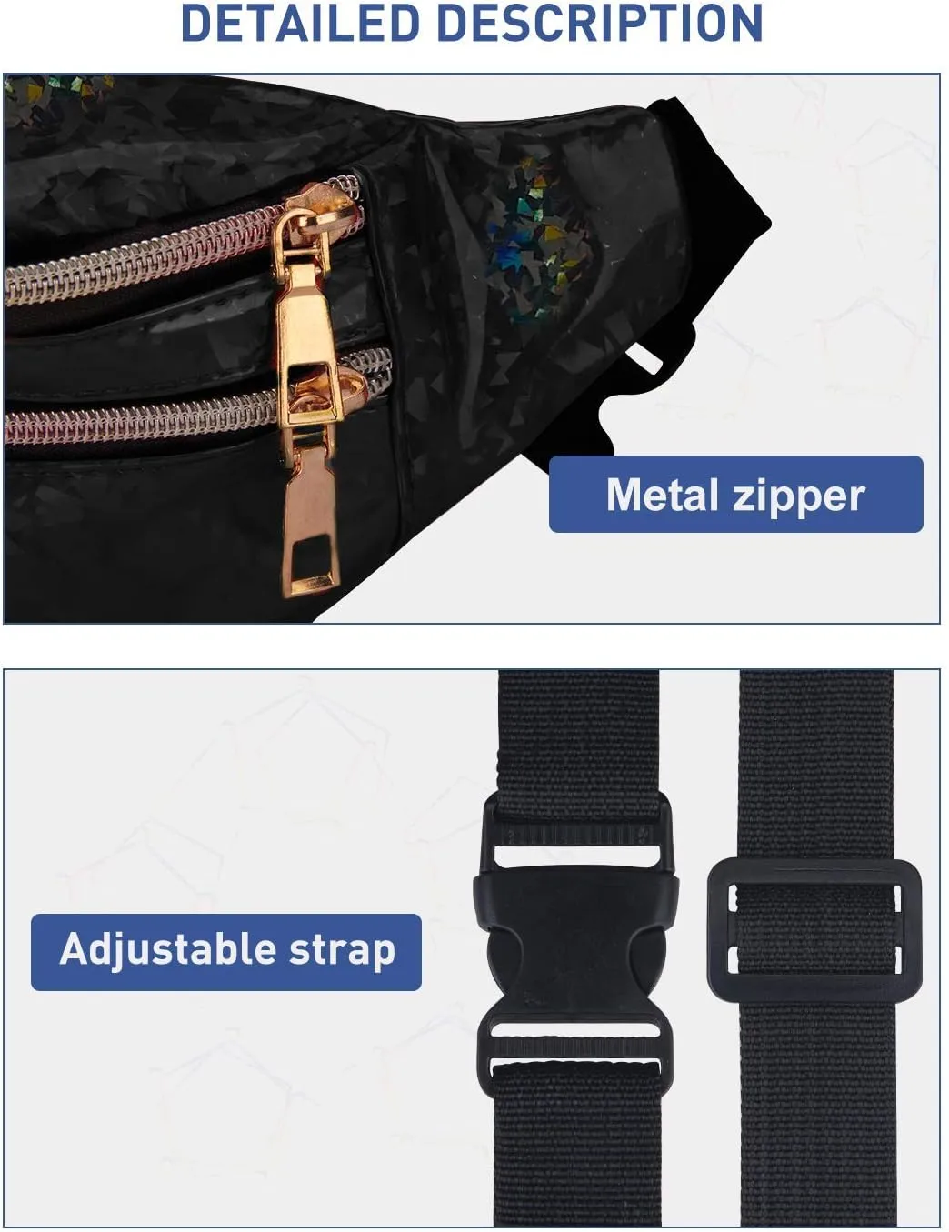 LIVACASA Holographic Fanny Packs for Women Cute Waist Packs Shiny Waist Bum Bag Waterproof for Travel Party Festival Running Hiking Black Shiny