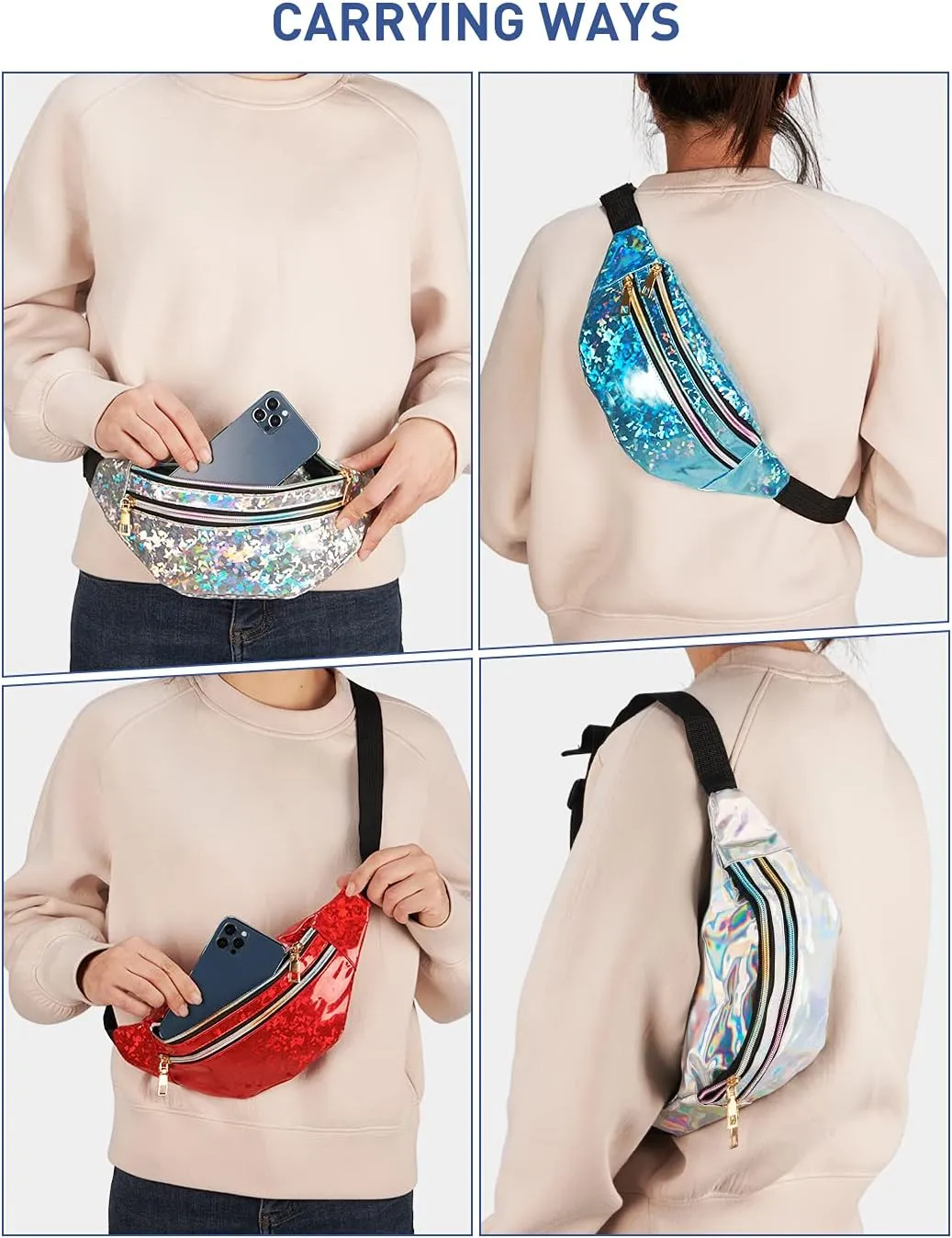LIVACASA Holographic Fanny Packs for Women Cute Waist Packs Shiny Waist Bum Bag Waterproof for Travel Party Festival Running Hiking Black Shiny